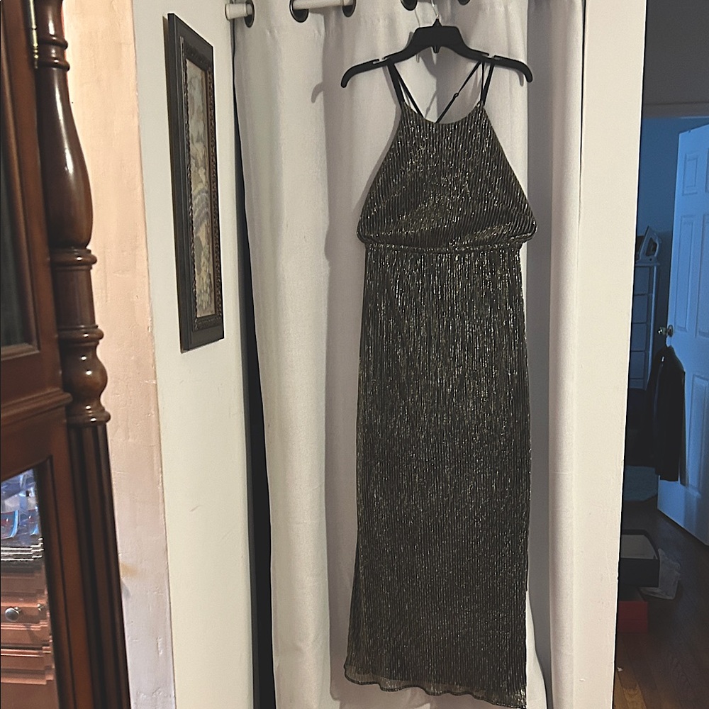 Elegant metallic maxi gown dress, lined in black.
